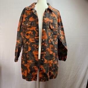 Streetwear Womens Unisex Camo Denim Long Jacket Orange Black Cotton Workwear M